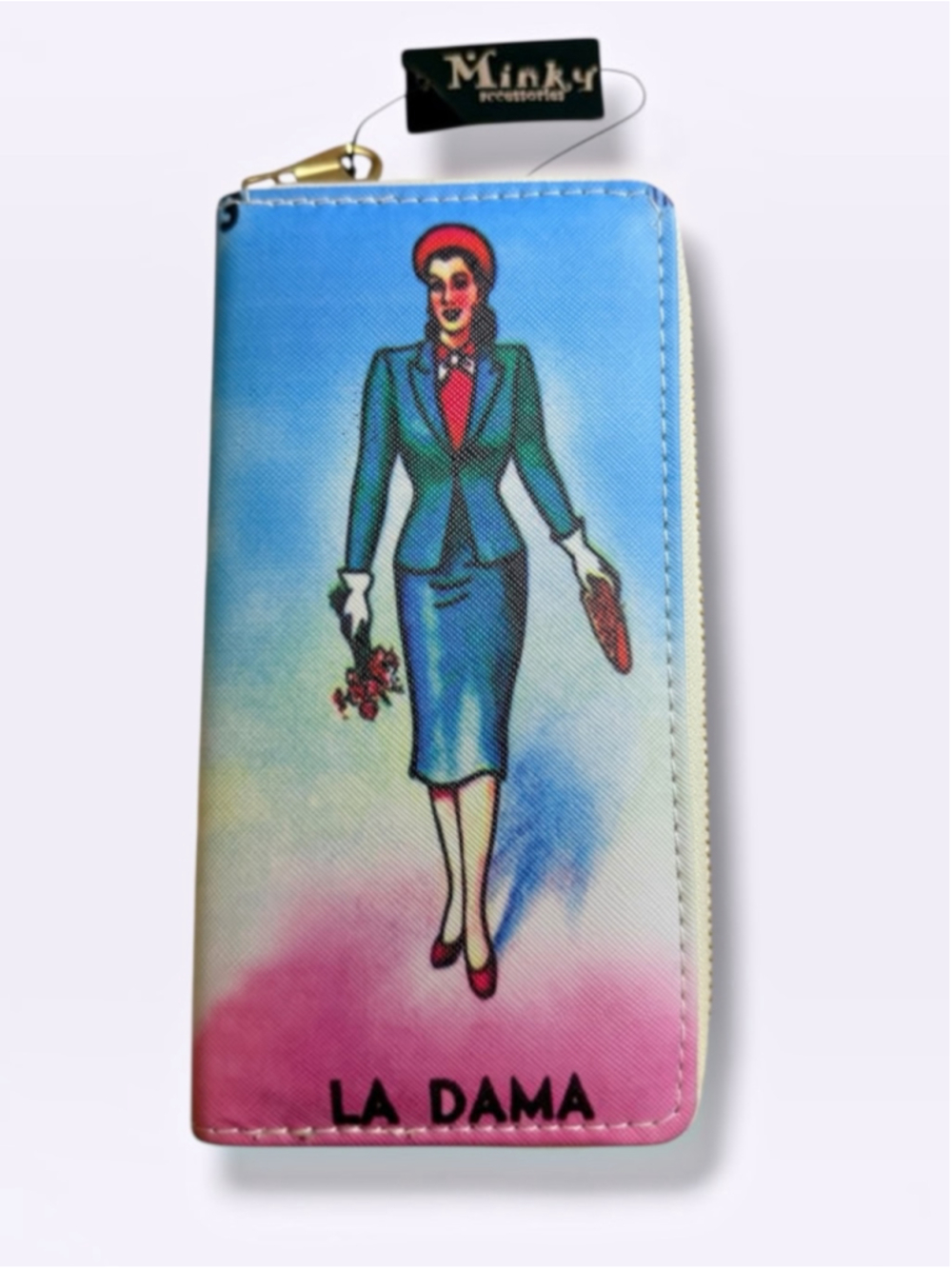 Mexican Bingo Lady Zip Around Wallet Blue Pink Colorful Folk Art NWT